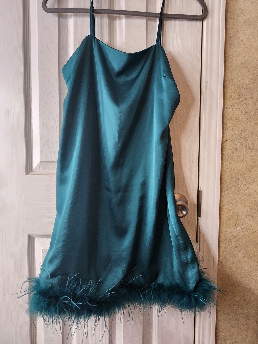 Teal Satin Marabou-Trim Slip Dress